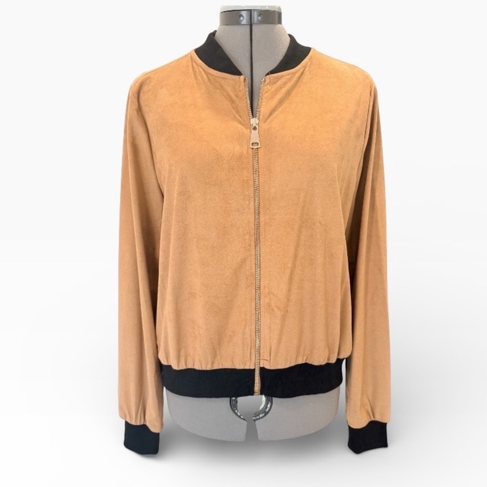 It Girl Womens‎ Tan Faux Suede Microfiber Bomber Jacket Black Trim Size Large